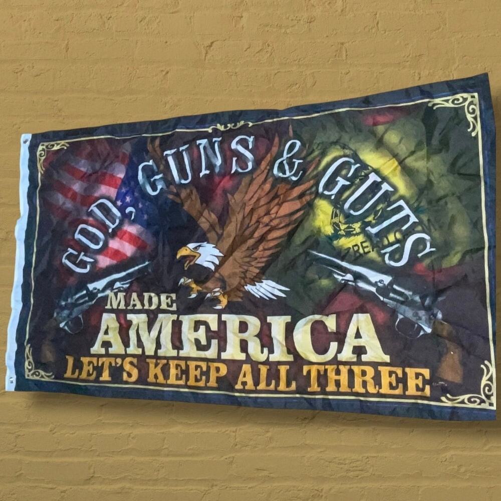 God Guns & Guts Made America Flag 3x5 ft Patriotic Banner Grommets Yard Decor